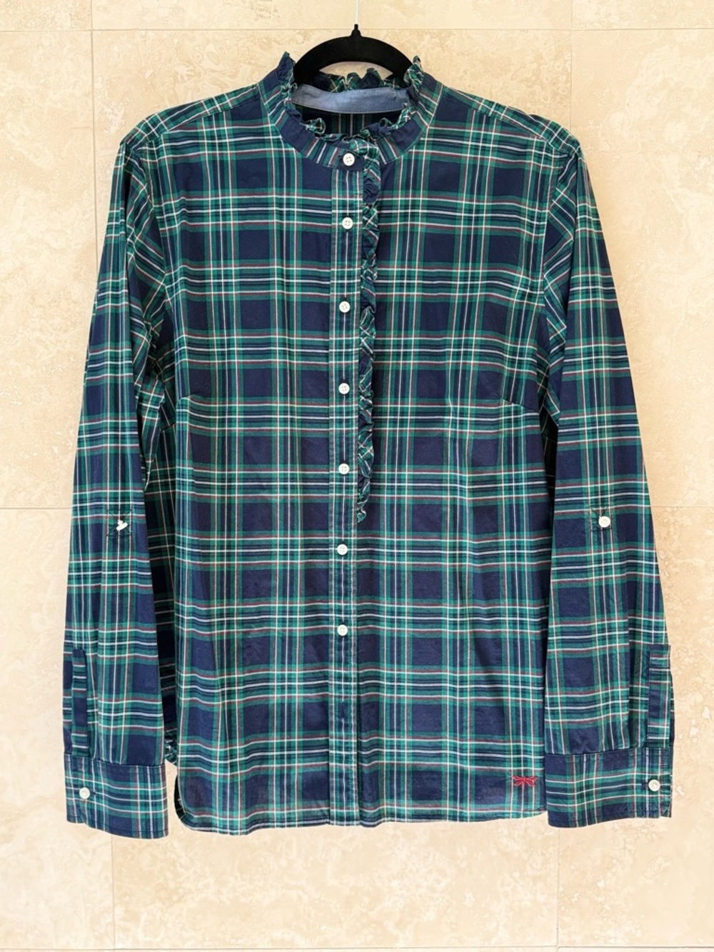 Talbots Navy and Green Plaid Ruffle-Trim Button-Down Shirt Size 16 NWOT